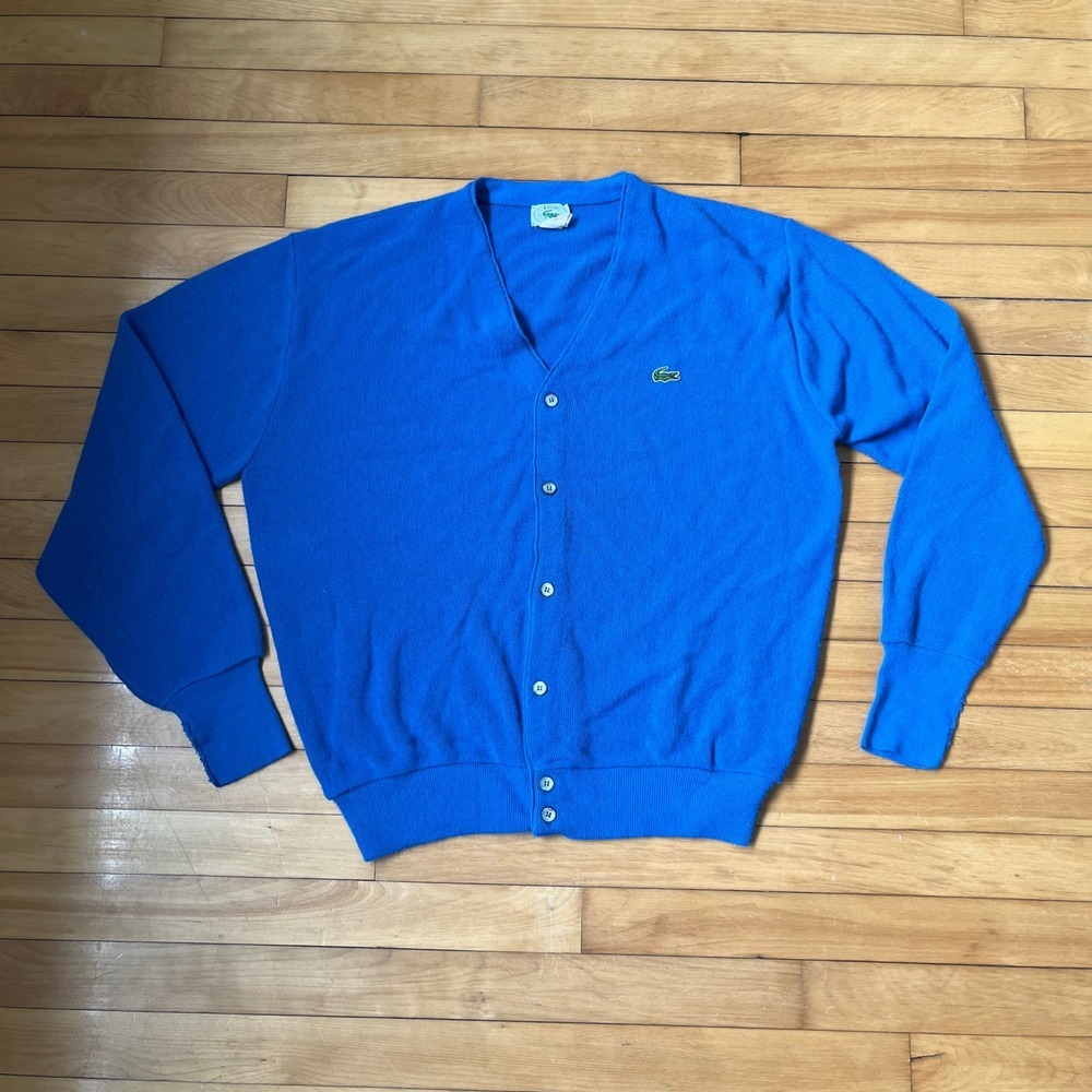 Vintage Izod Lacoste Cardigan Sweater Royal Blue Orlon Acrylic V-Neck Mens L